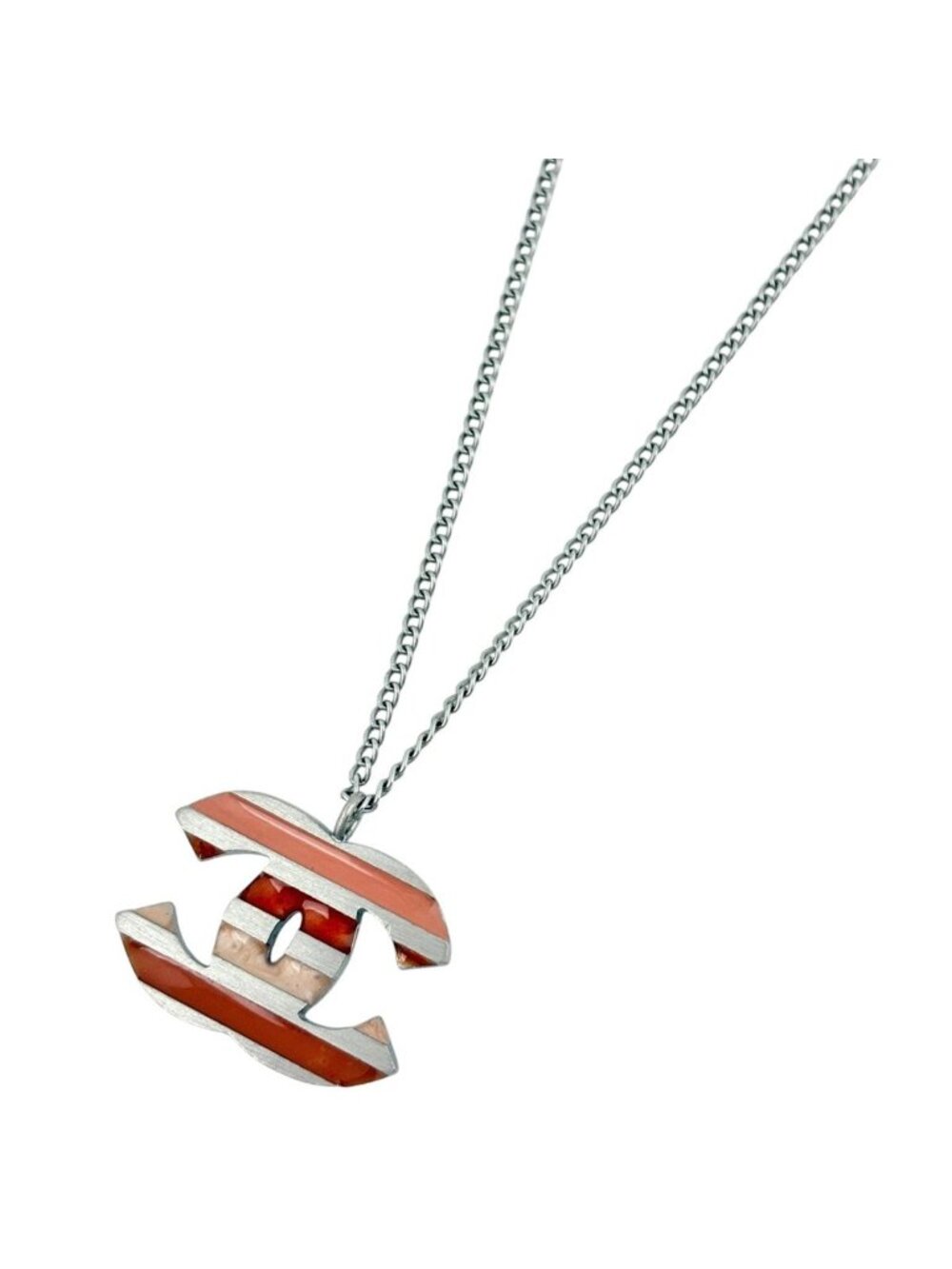 Chanel CC Logo Necklace Silver Plated Pink